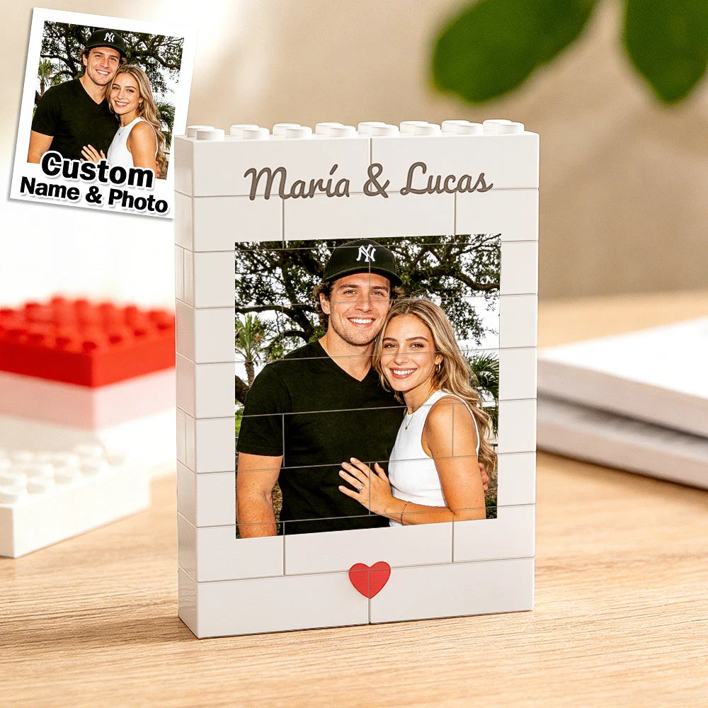 Cadre photo personnalisé pour couple « King & Queen » – Briques de construction rectangulaires à assembler