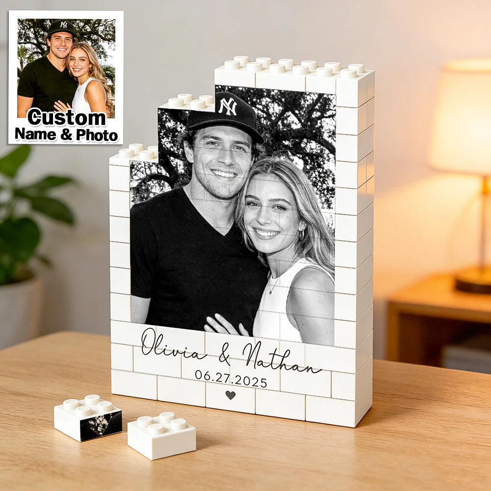 Cadre photo personnalisé pour couple « King & Queen » – Briques de construction rectangulaires à assembler
